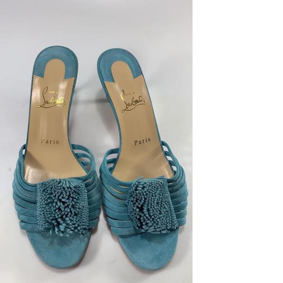 Belbrossa Noumea Aqua Blue 55mm Fringe Suede Kitten Heel Sandals D585 - Picture 4 of 12